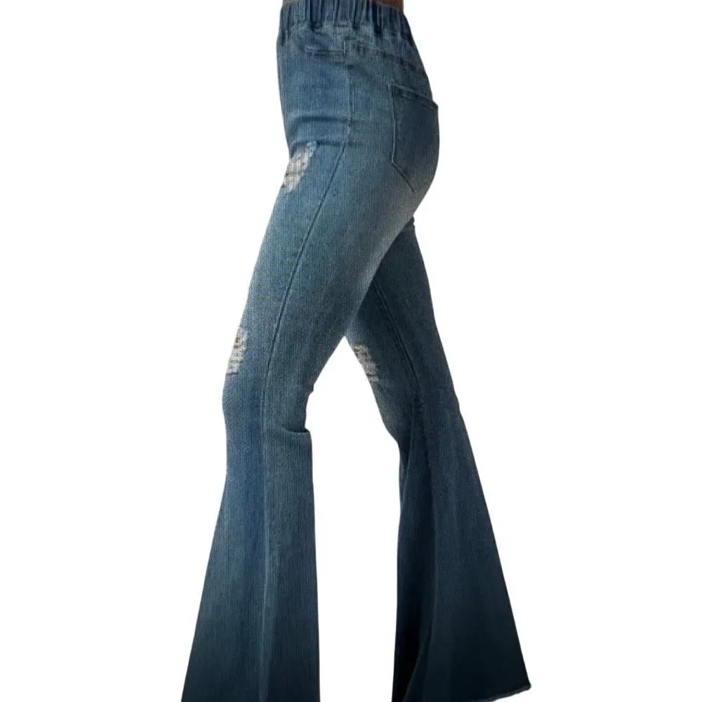 Aaron & Amber‎ Distressed Bell Bottom Flare Jeans High Waist Retro Boho Denim S